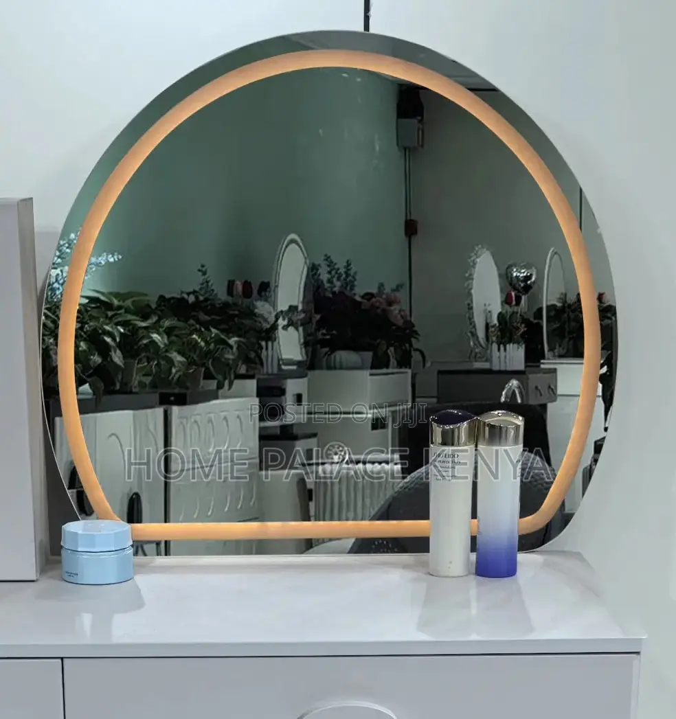 Vanity Table: Gray Dresser With Matching Stool and Semi Circle Mirror