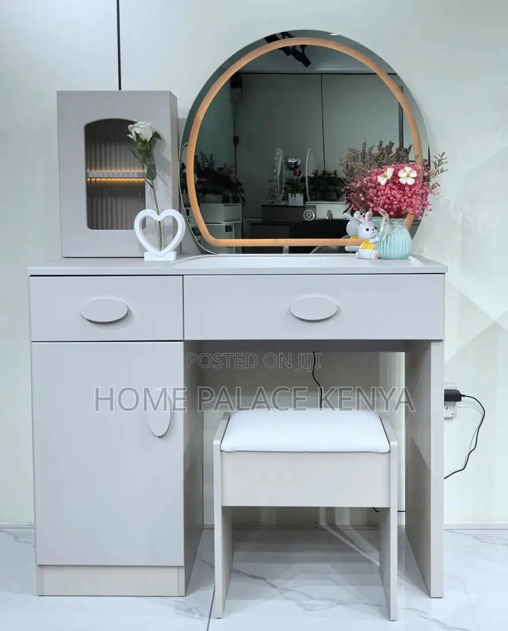 Vanity Table: Gray Dresser With Matching Stool and Semi Circle Mirror