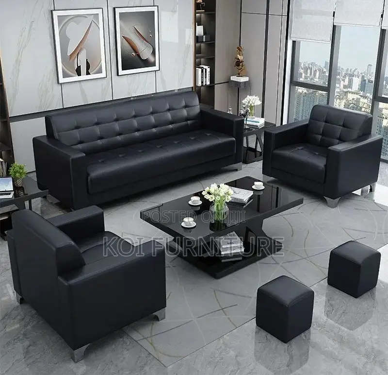 Office Sofa : 5-Seater Black Tufted Leather Executive Sofa Set