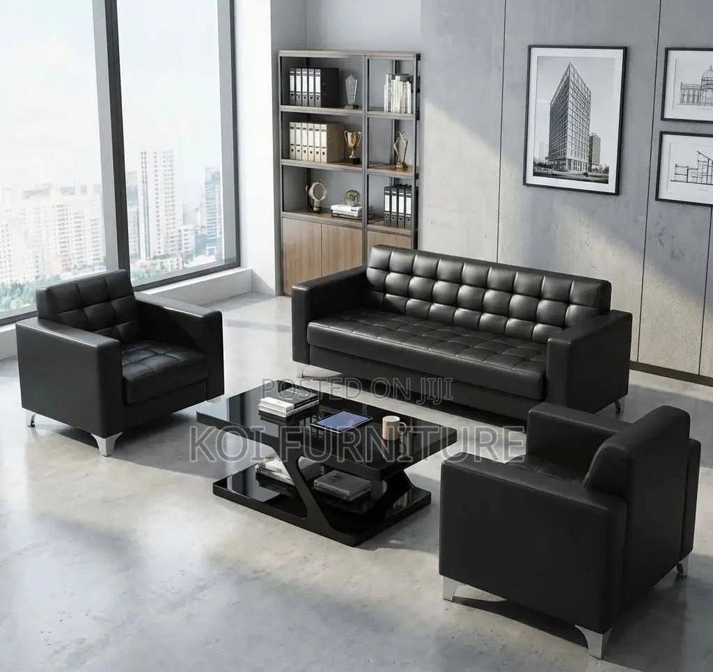 Office Sofa : 5-Seater Black Tufted Leather Executive Sofa Set