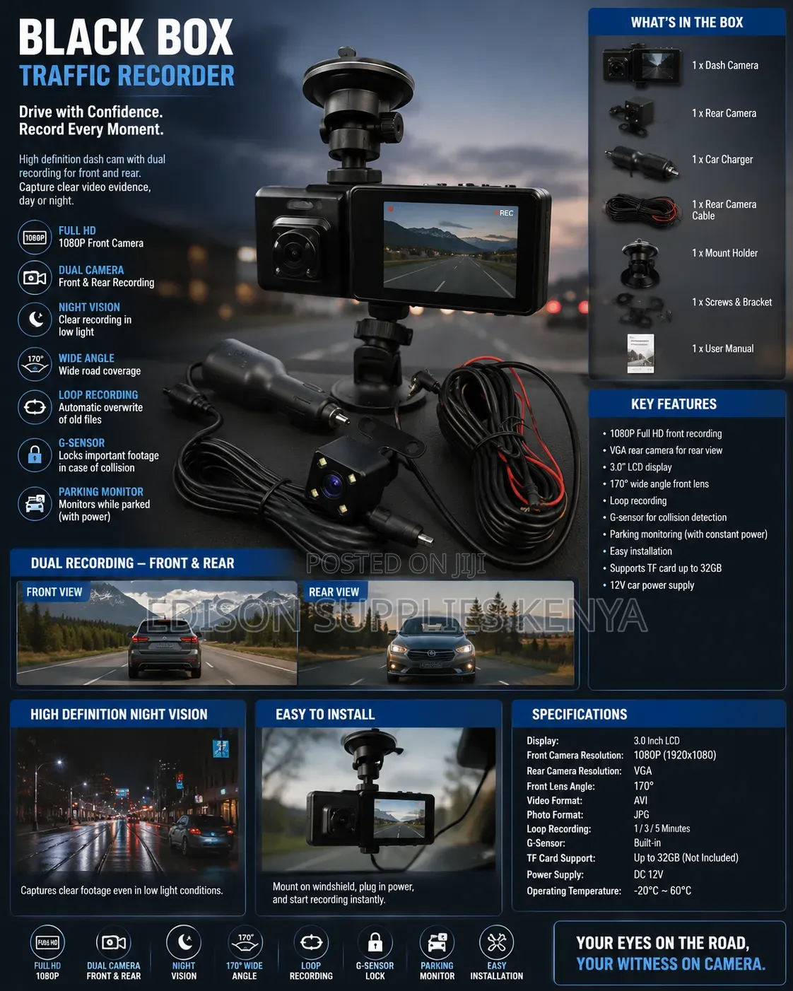Black Car Dash Cam, Black Box Traffic Recorder, Front/Rear Dash Camera