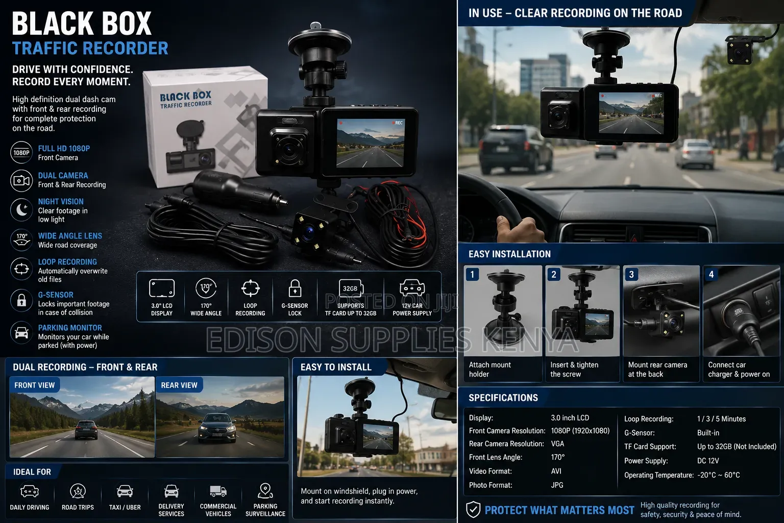 Black Car Dash Cam, Black Box Traffic Recorder, Front/Rear Dash Camera