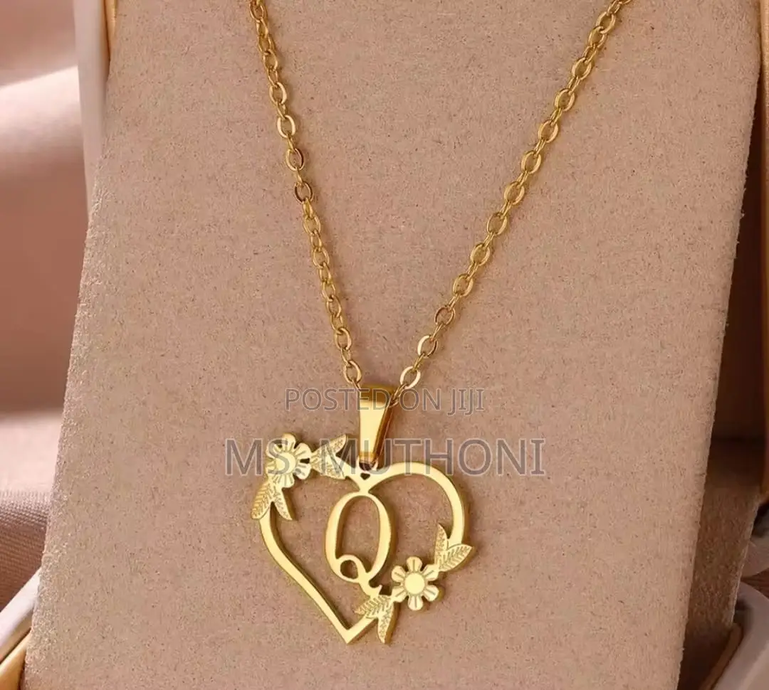 Gold Stainless Steel Floral Heart Initial Necklace