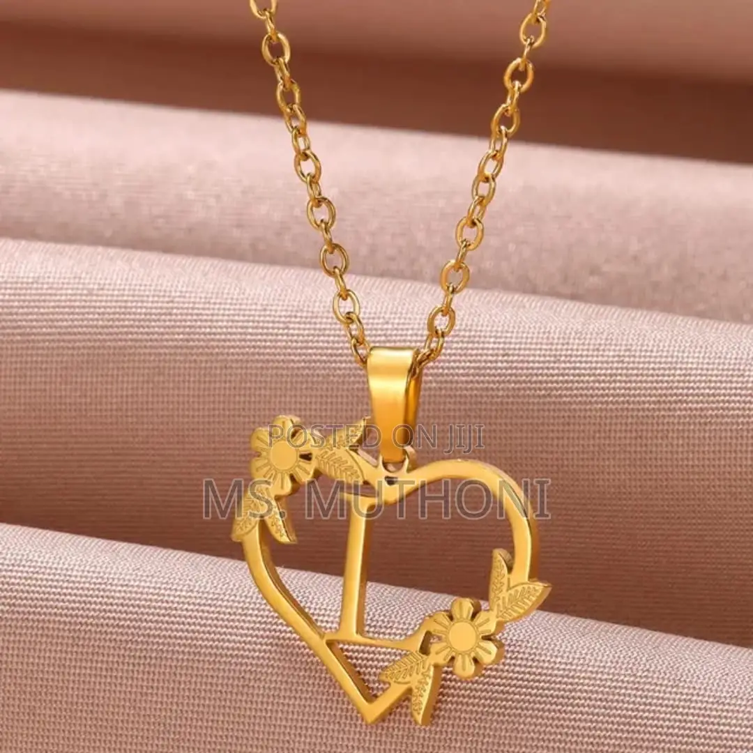 Gold Stainless Steel Floral Heart Initial Necklace