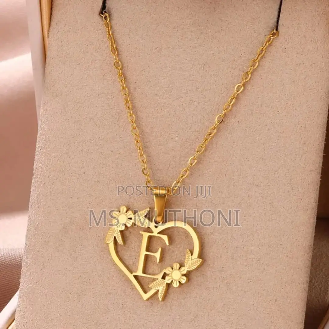 Gold Stainless Steel Floral Heart Initial Necklace