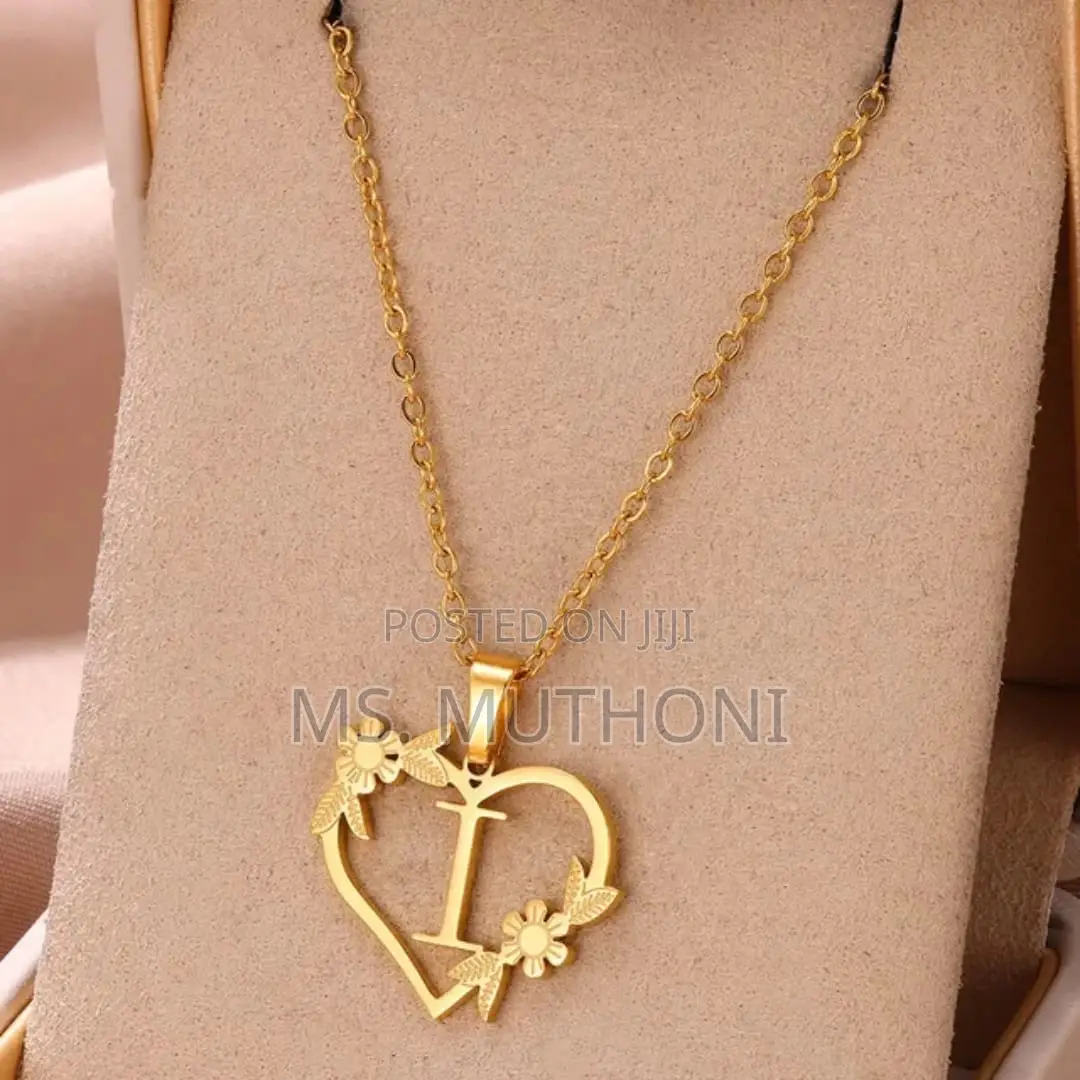 Gold Stainless Steel Floral Heart Initial Necklace