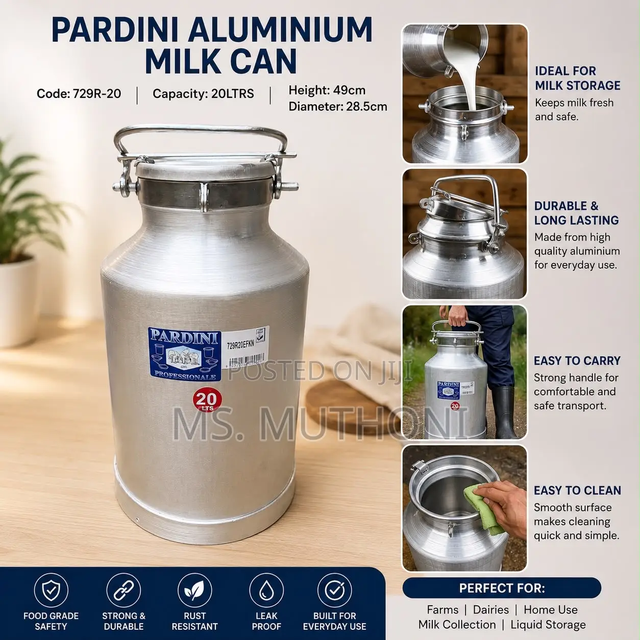 20ltrs Pardini Aluminium Milk Can – Code: 729r-20