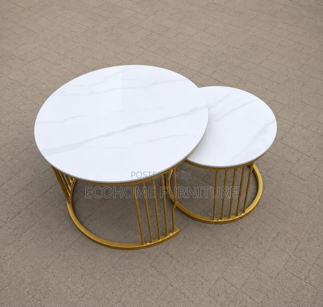 Modern Nesting Coffee Table Set White Marble Top With Gold Metal Base