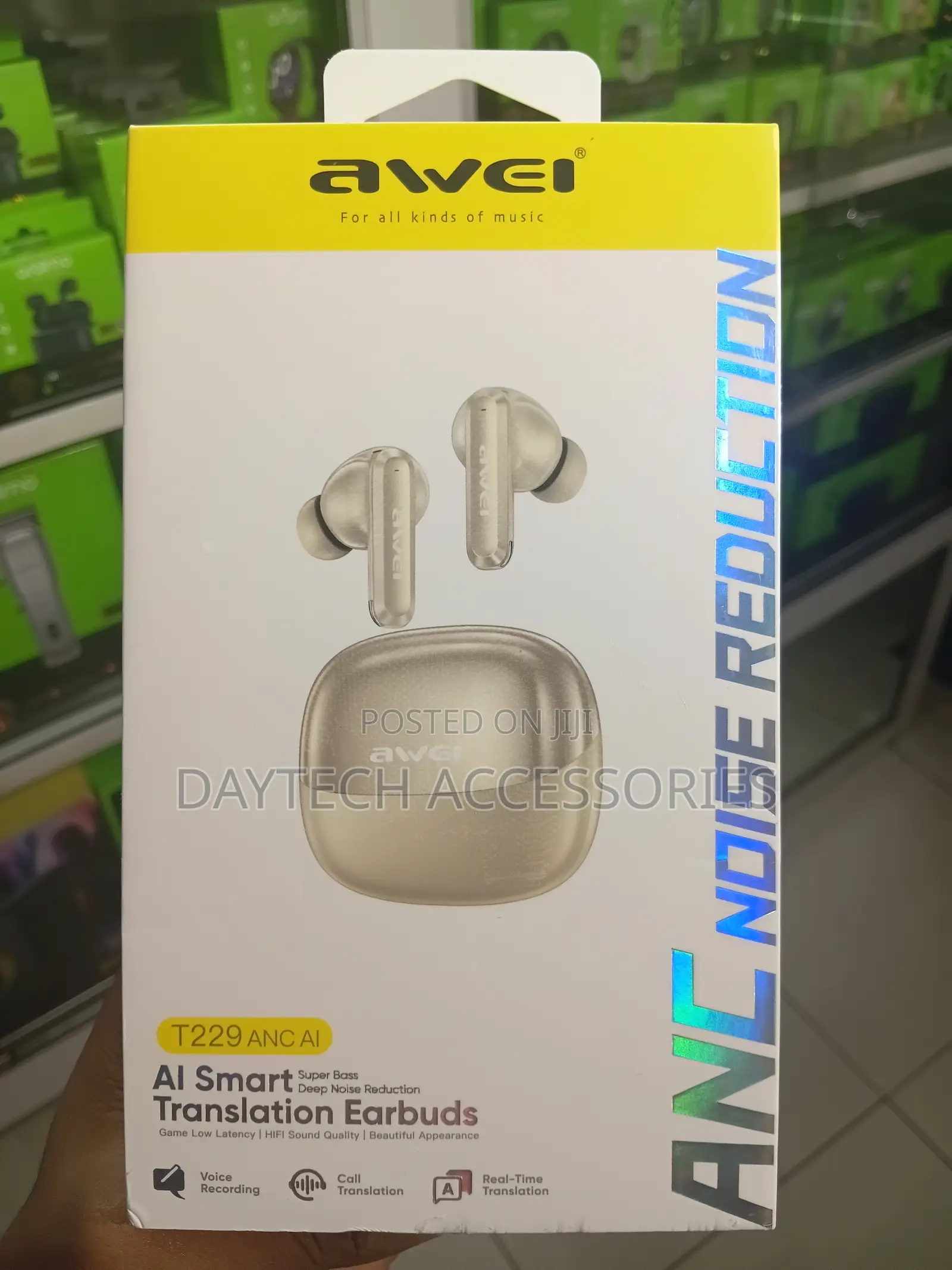 These Are Awei T229 ANC AI True Wireless Earbuds in a Beige Color.