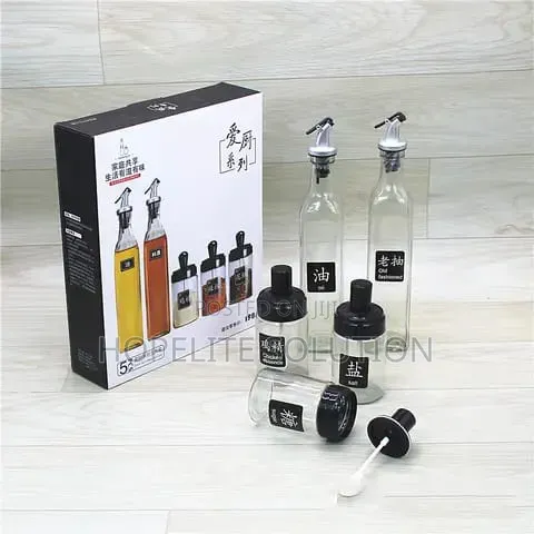 Glass 5pc Kitchen Set 2x600ml Oil Bottle N 3x200ml Seasoning Jars