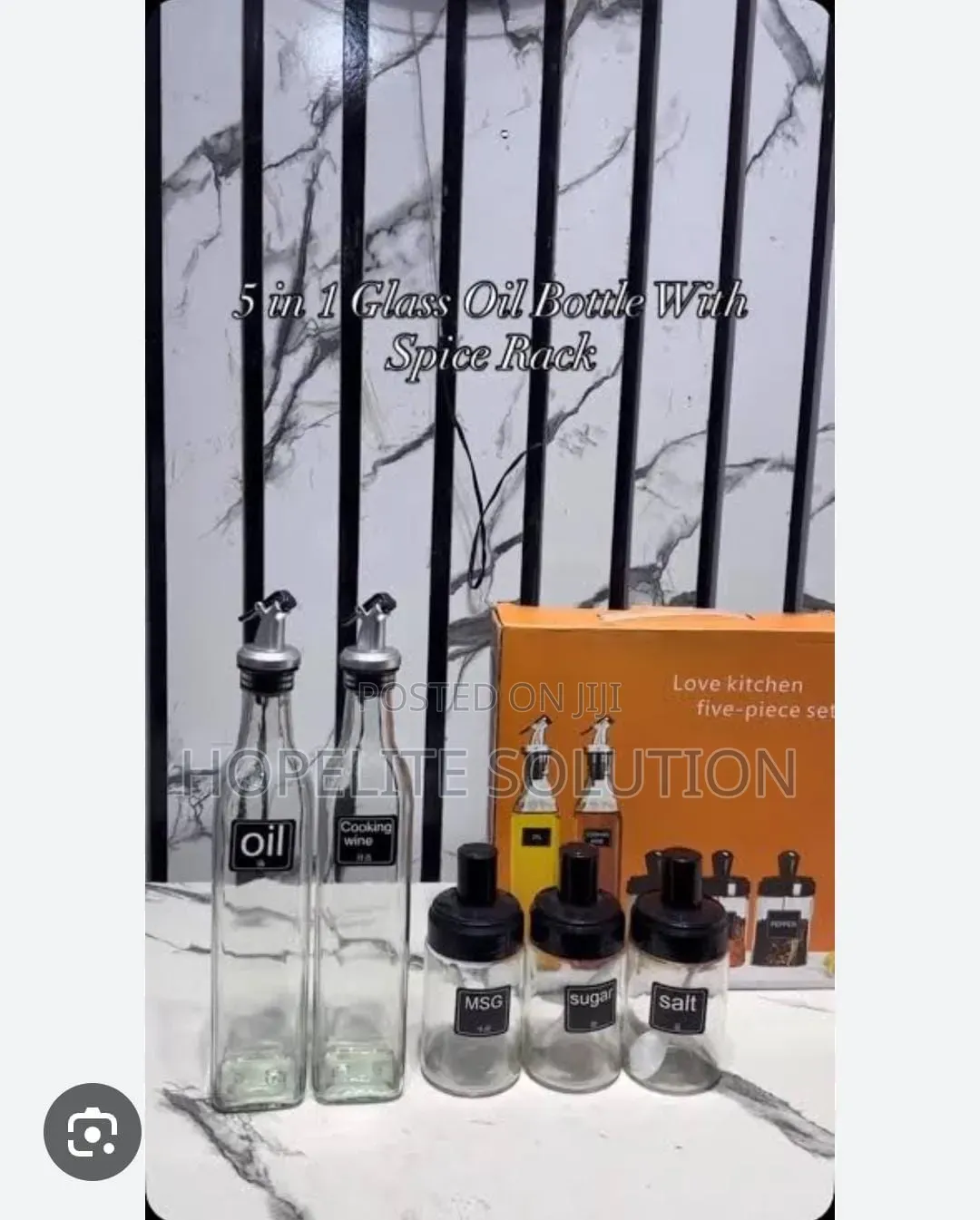 Glass 5pc Kitchen Set 2x600ml Oil Bottle N 3x200ml Seasoning Jars