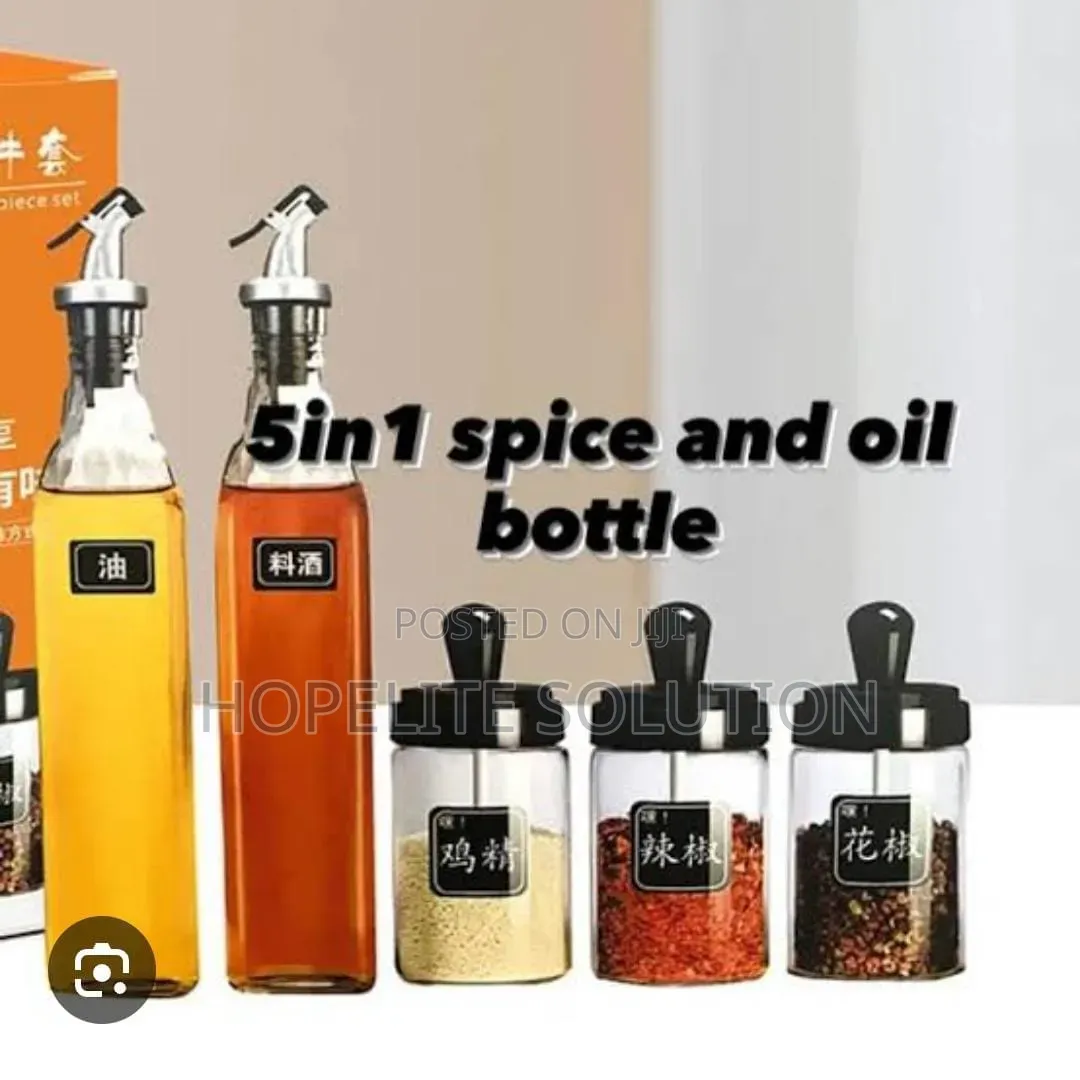 Glass 5pc Kitchen Set 2x600ml Oil Bottle N 3x200ml Seasoning Jars