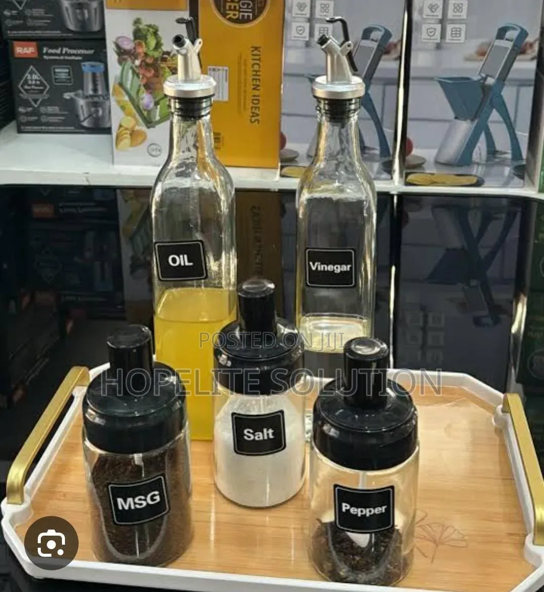 Glass 5pc Kitchen Set 2x600ml Oil Bottle N 3x200ml Seasoning Jars