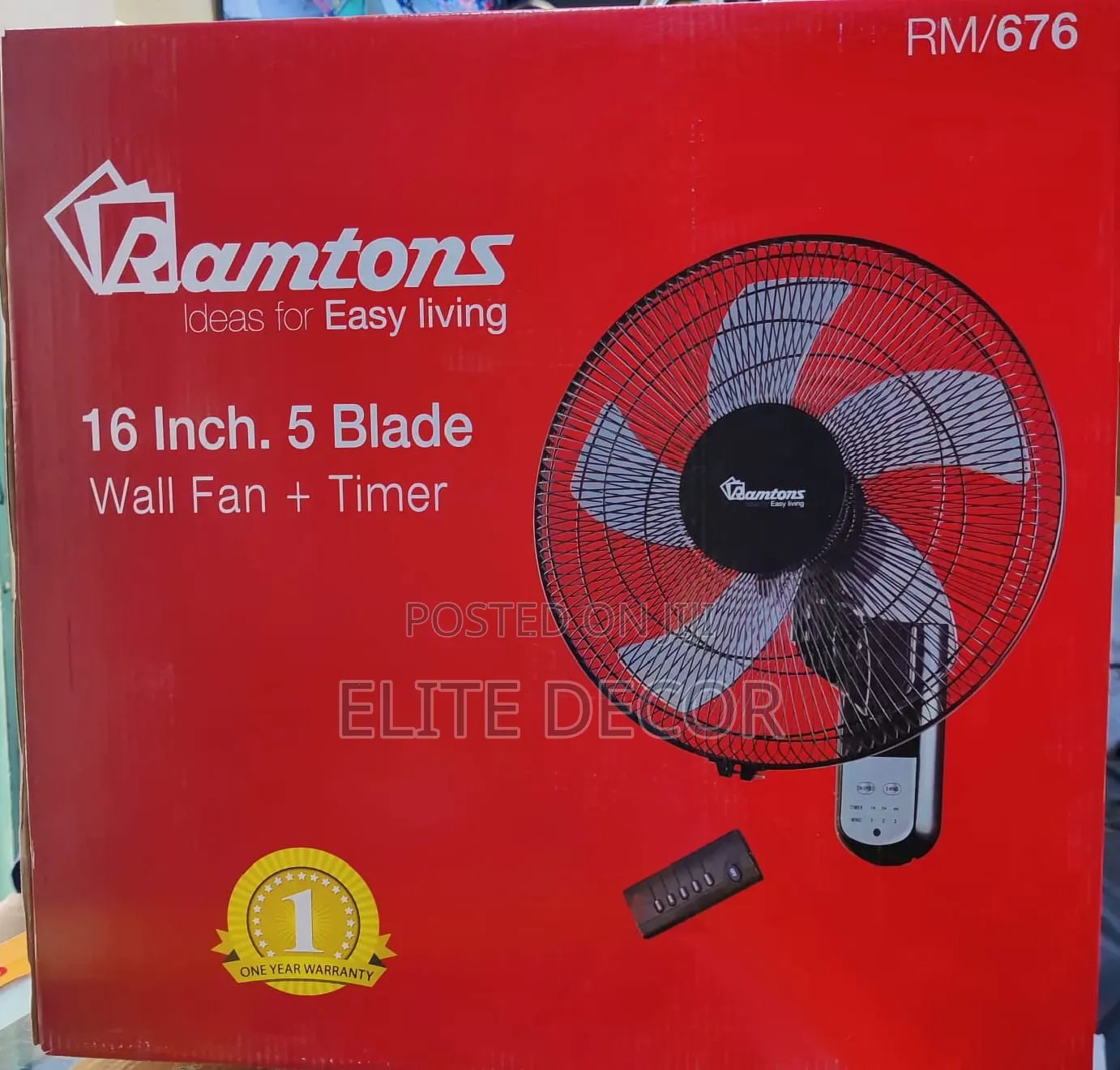 Ramtons RM/676 16-Inch Wall Fan With Remote – 5 Blades, 3 Speeds