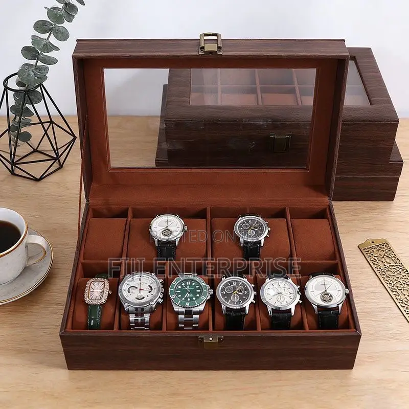 12-Slot Premium PU Leather Watch Storage Box With Glass Lid