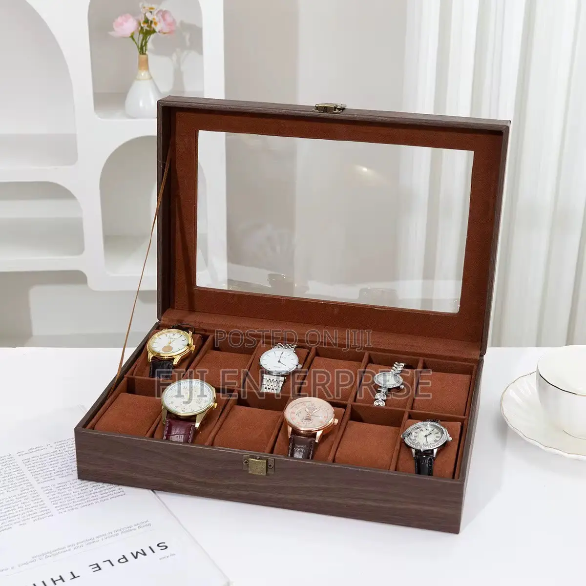 12-Slot Premium PU Leather Watch Storage Box With Glass Lid