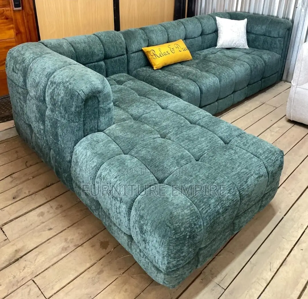 7 Seater L-Shaped Sofa in Green Velvet