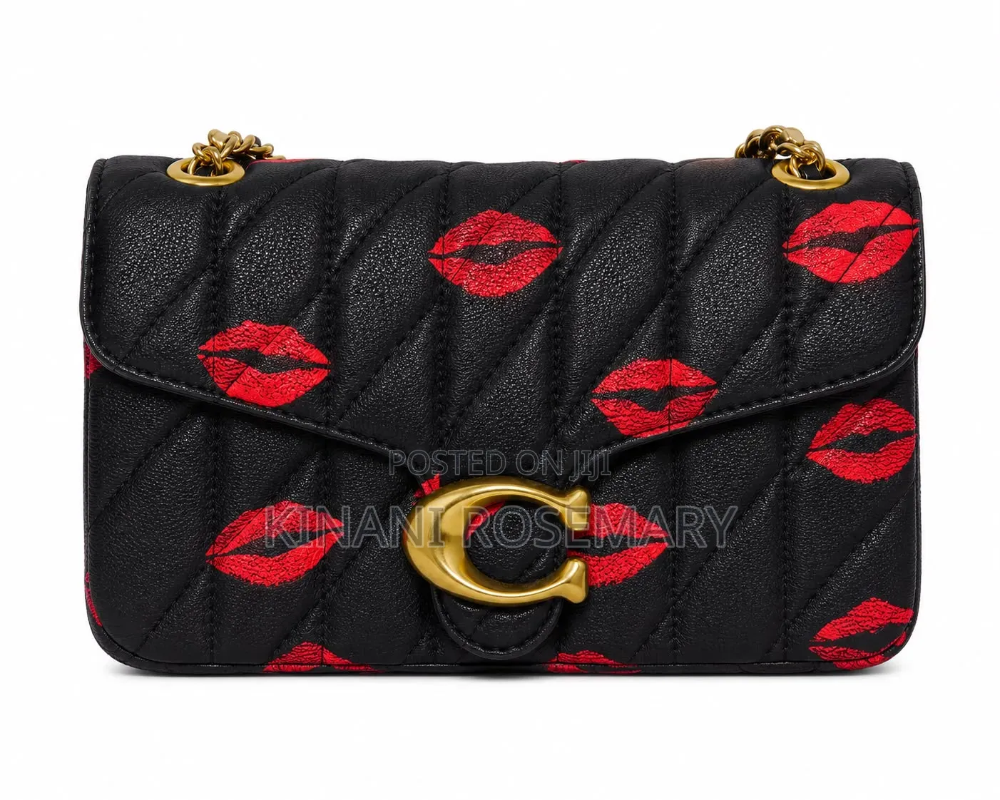 Quilted Chain Shoulder Crossbody Handbag – Black With Red Lip Print