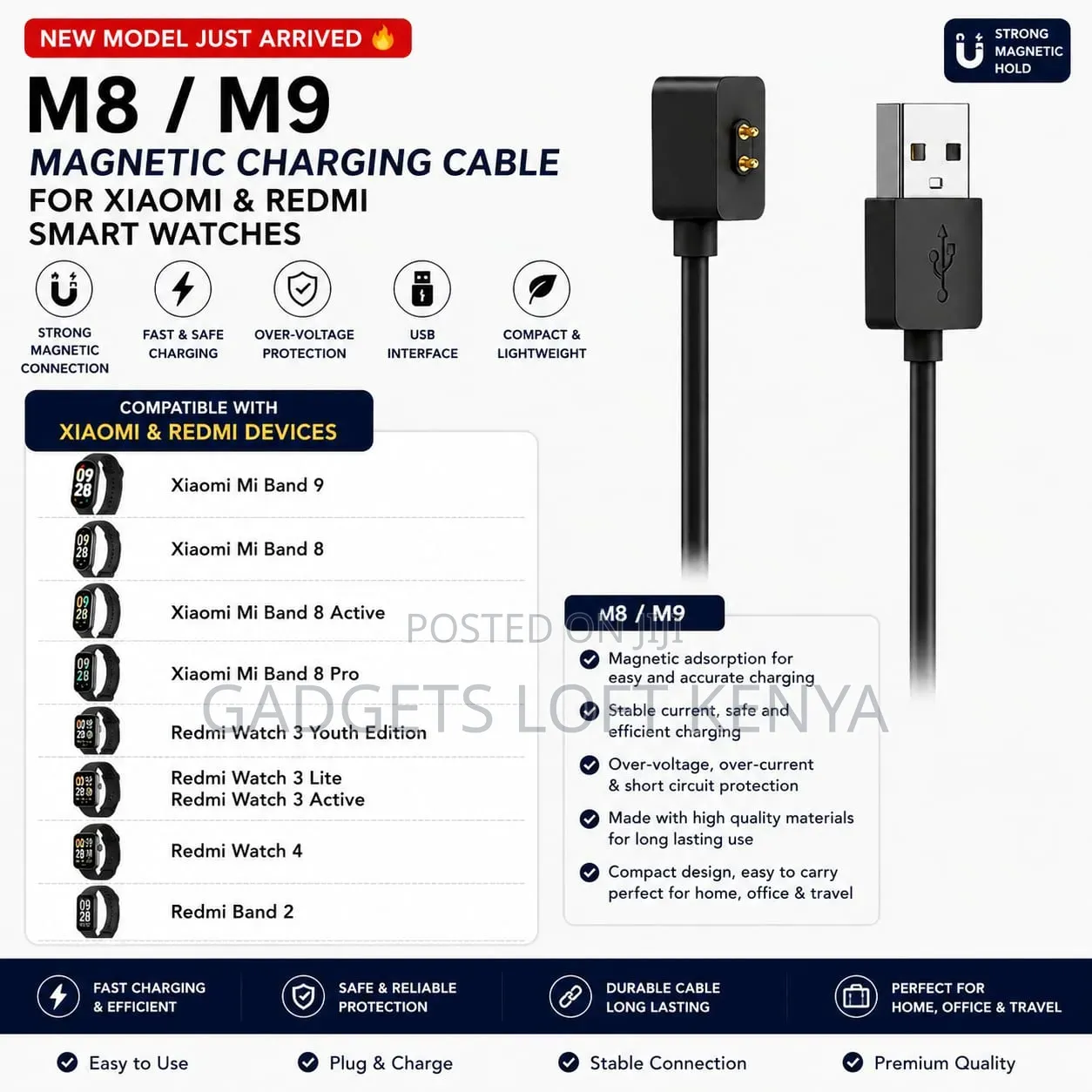 M8/M9 Magnetic Charger for Xiaomi Band 8/9, Redmi Watch 4/3/Band 2