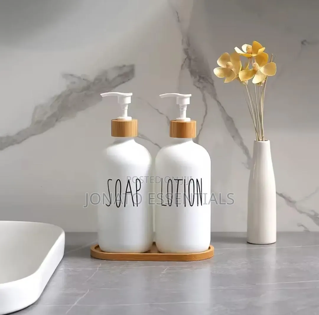 Refillable Soap and Lotion Ceramic Dispenser Bottles Set With Tray