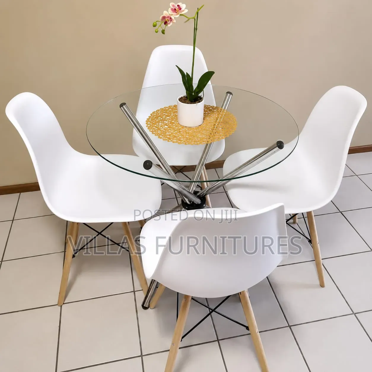 Modern Round Glass Table and Eames Chair