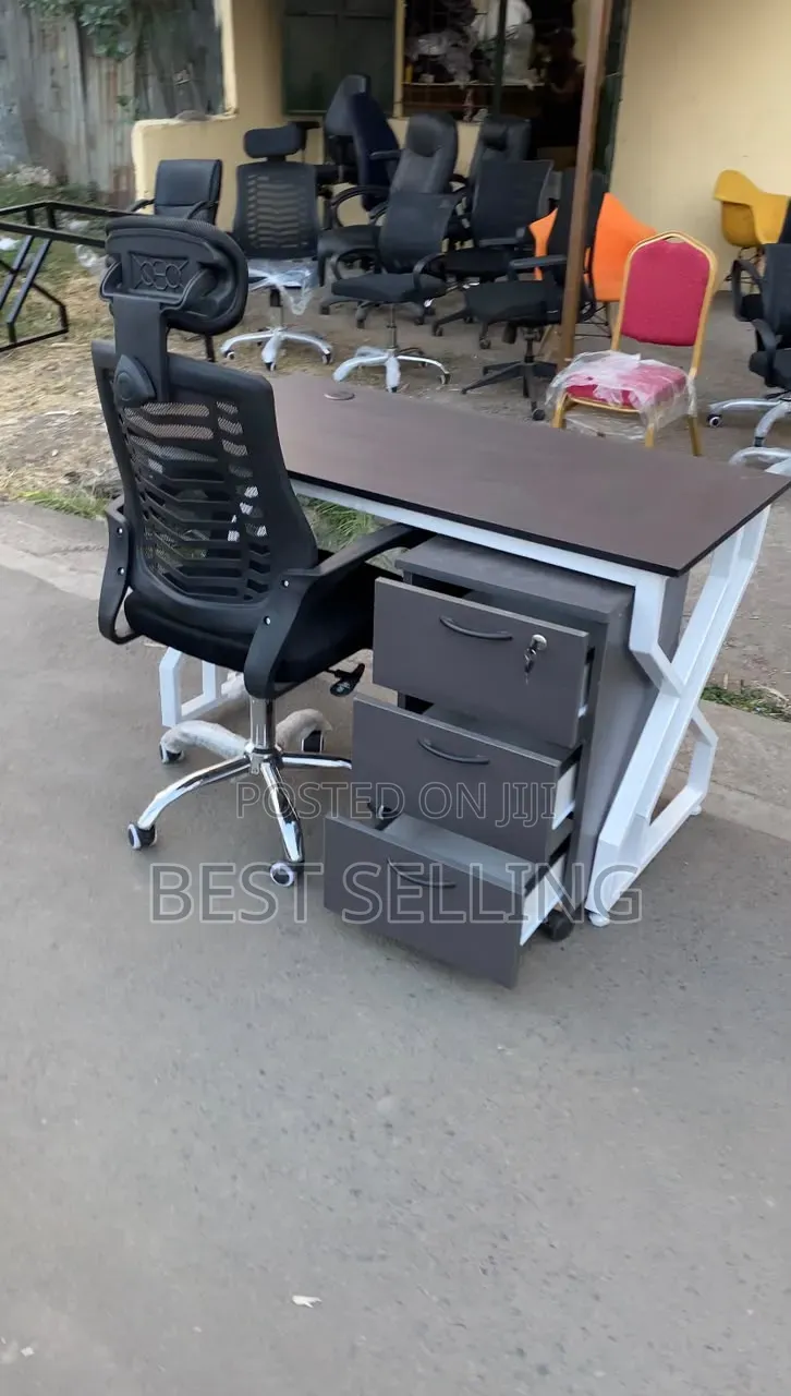 Modern Office Desk and Chair With Metallic Base