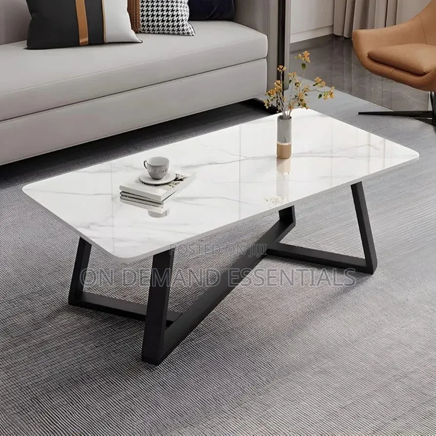 Pure Marble Top Coffee Table With White Surface and Black Metal Frame