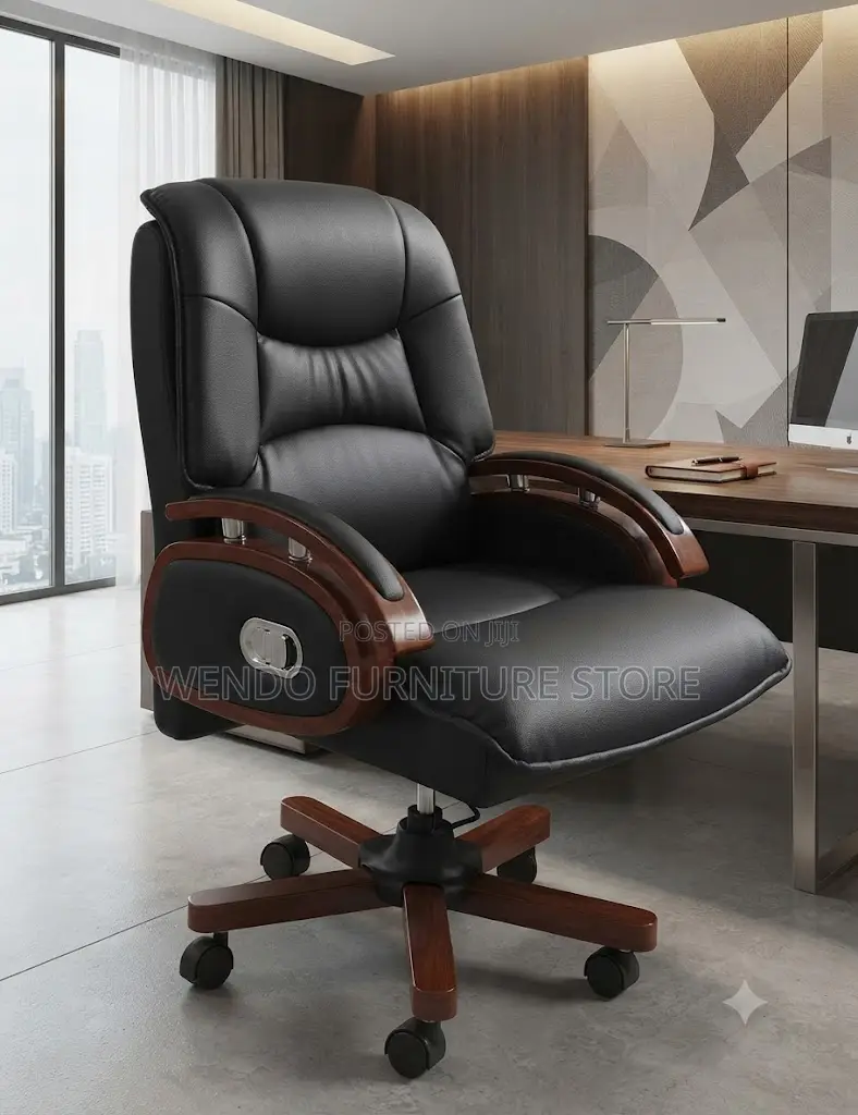Office Chairs; Executive Heavy Leather Chair With Mahogany Armrest