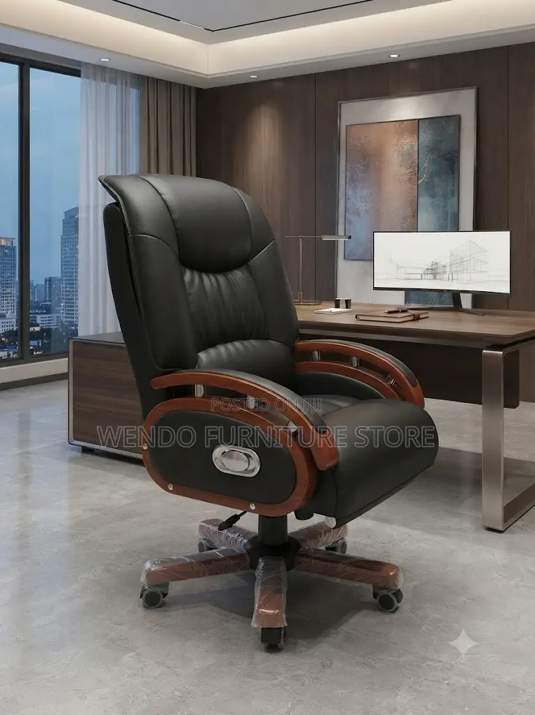 Office Chairs; Executive Heavy Leather Chair With Mahogany Armrest