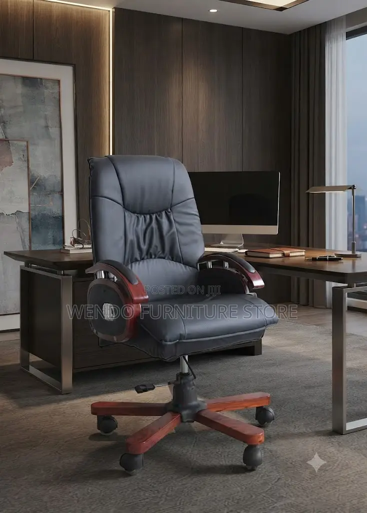Office Chairs; Executive Heavy Leather Chair With Mahogany Armrest