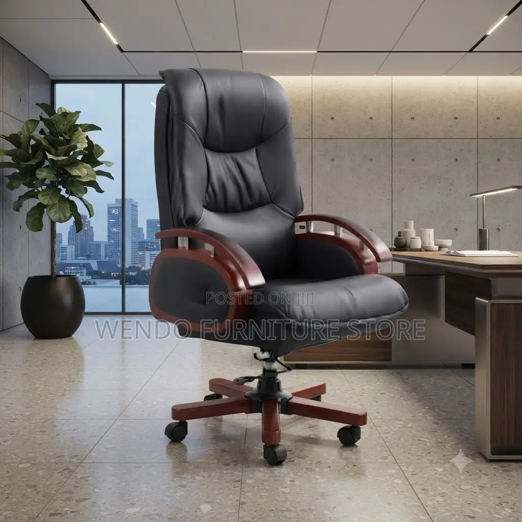 Office Chairs; Executive Heavy Leather Chair With Mahogany Armrest
