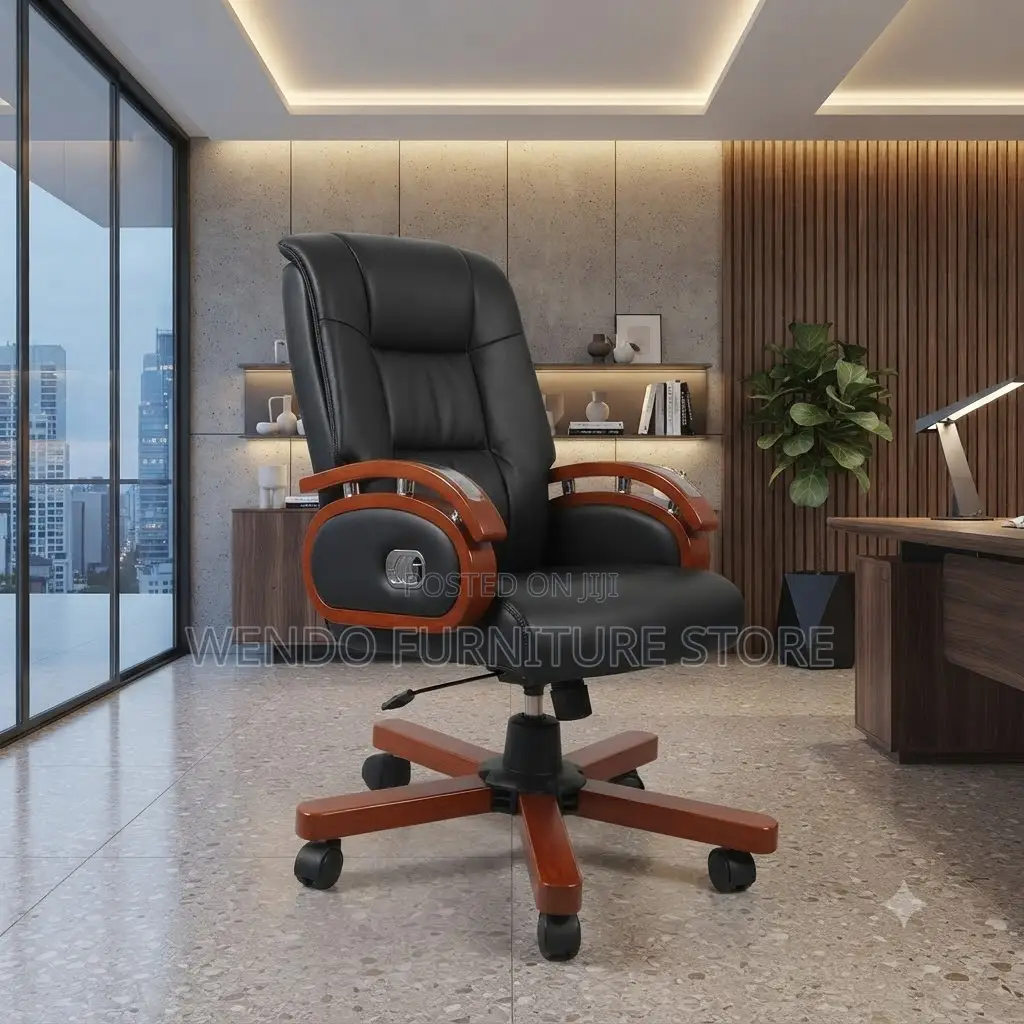 Office Chairs; Executive Heavy Leather Chair With Mahogany Armrest