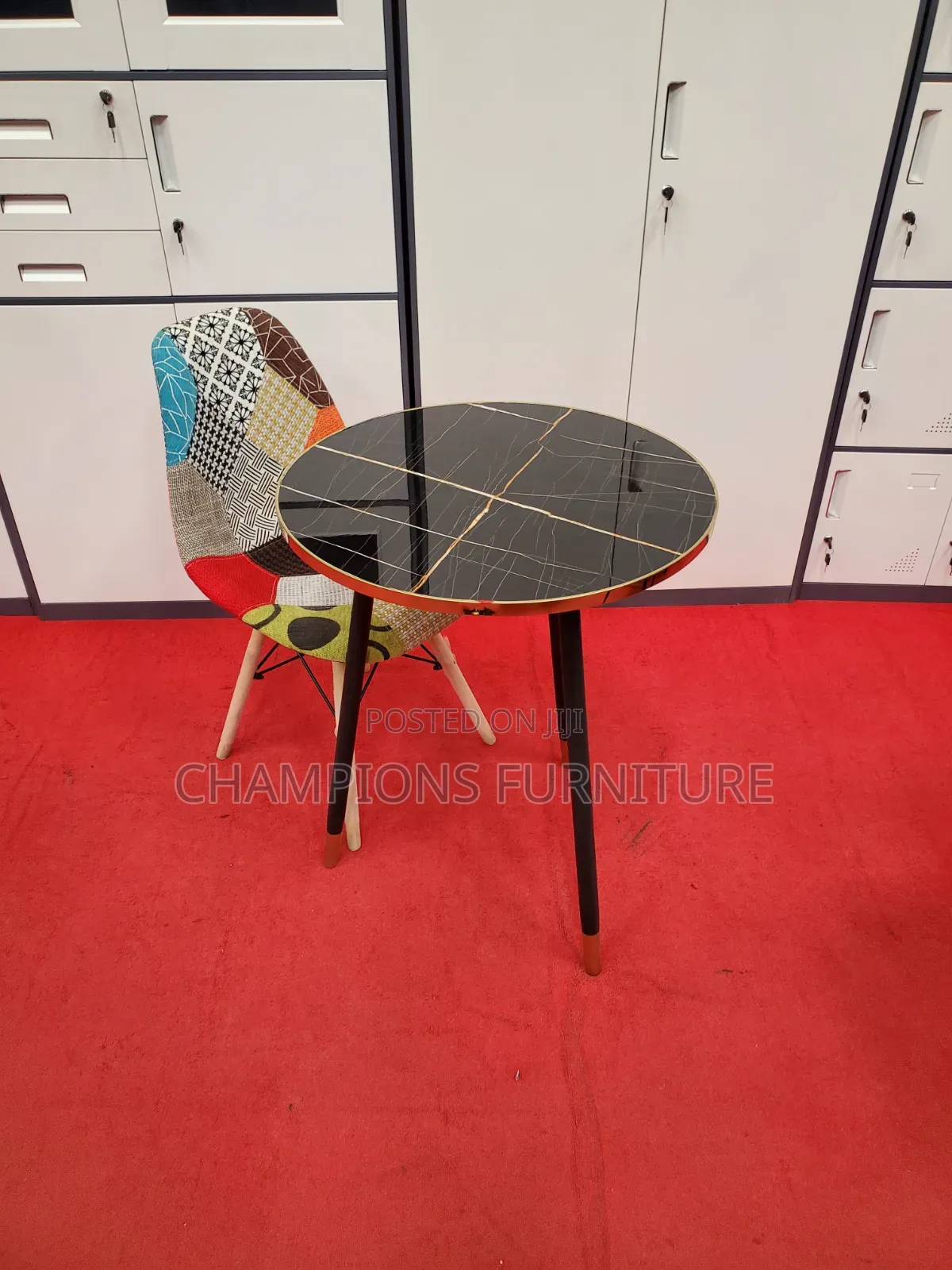 Black Marble Top Table and Eames Patchwork Chair Set