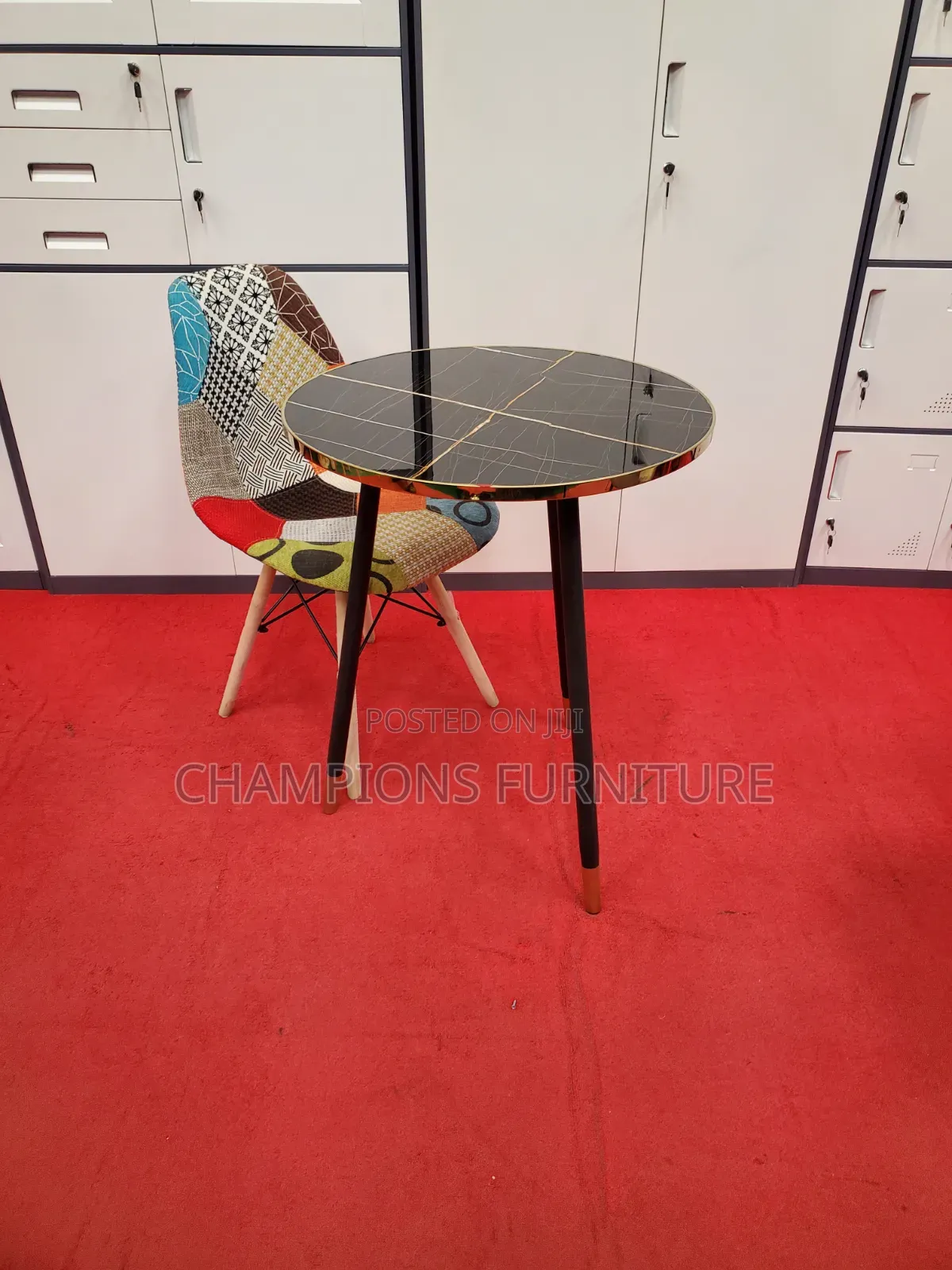 Black Marble Top Table and Eames Patchwork Chair Set