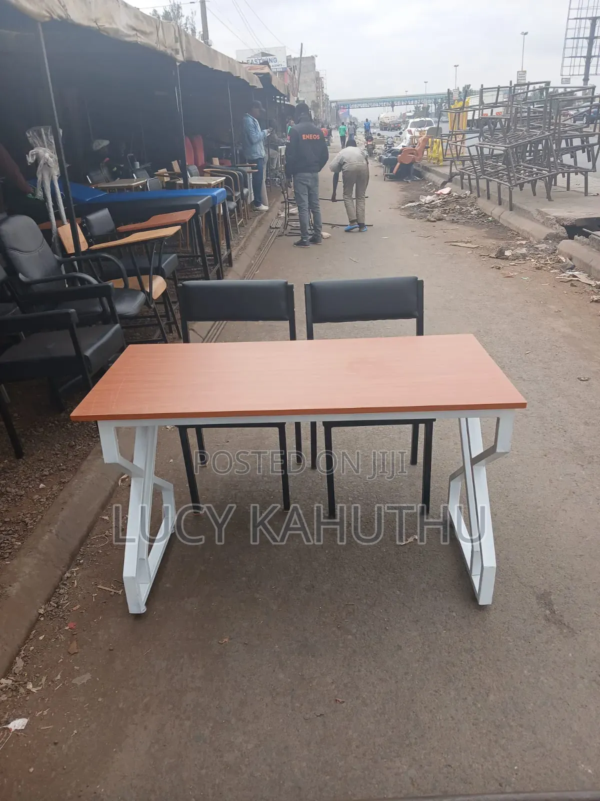 Metallic Office Table and Two Black Chairs