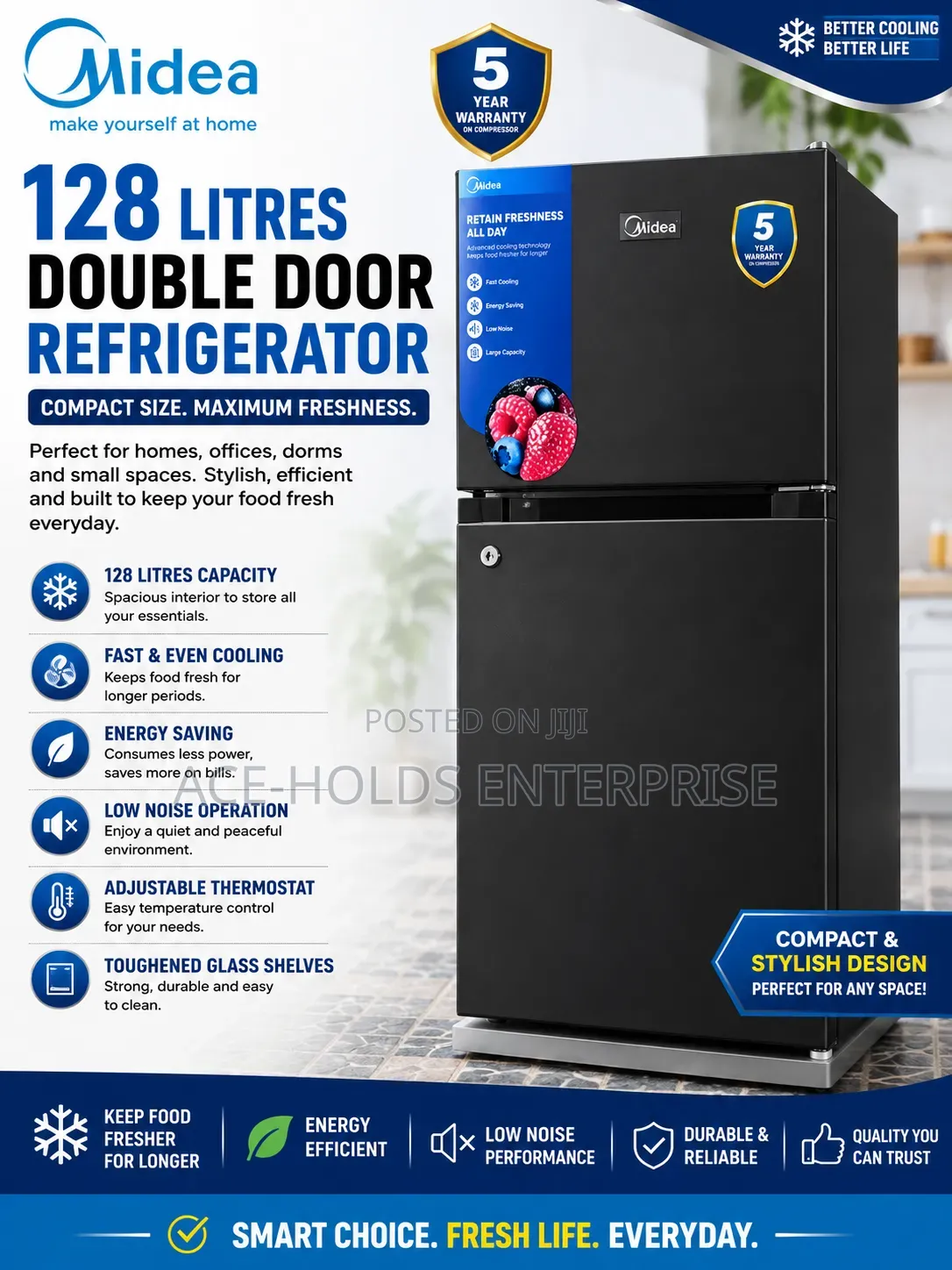 Midea 128 Litres Double Door Fridge – Top Freezer (Black)