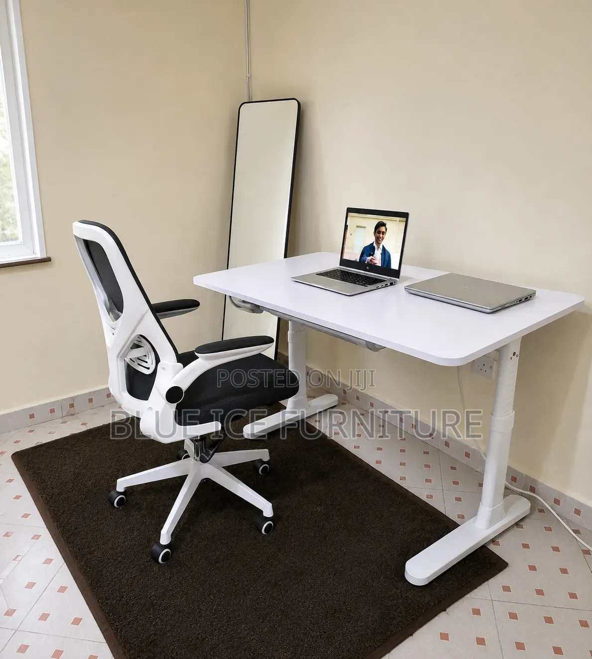 Adjustable White Office Workstation With Comfortable Executive Chair