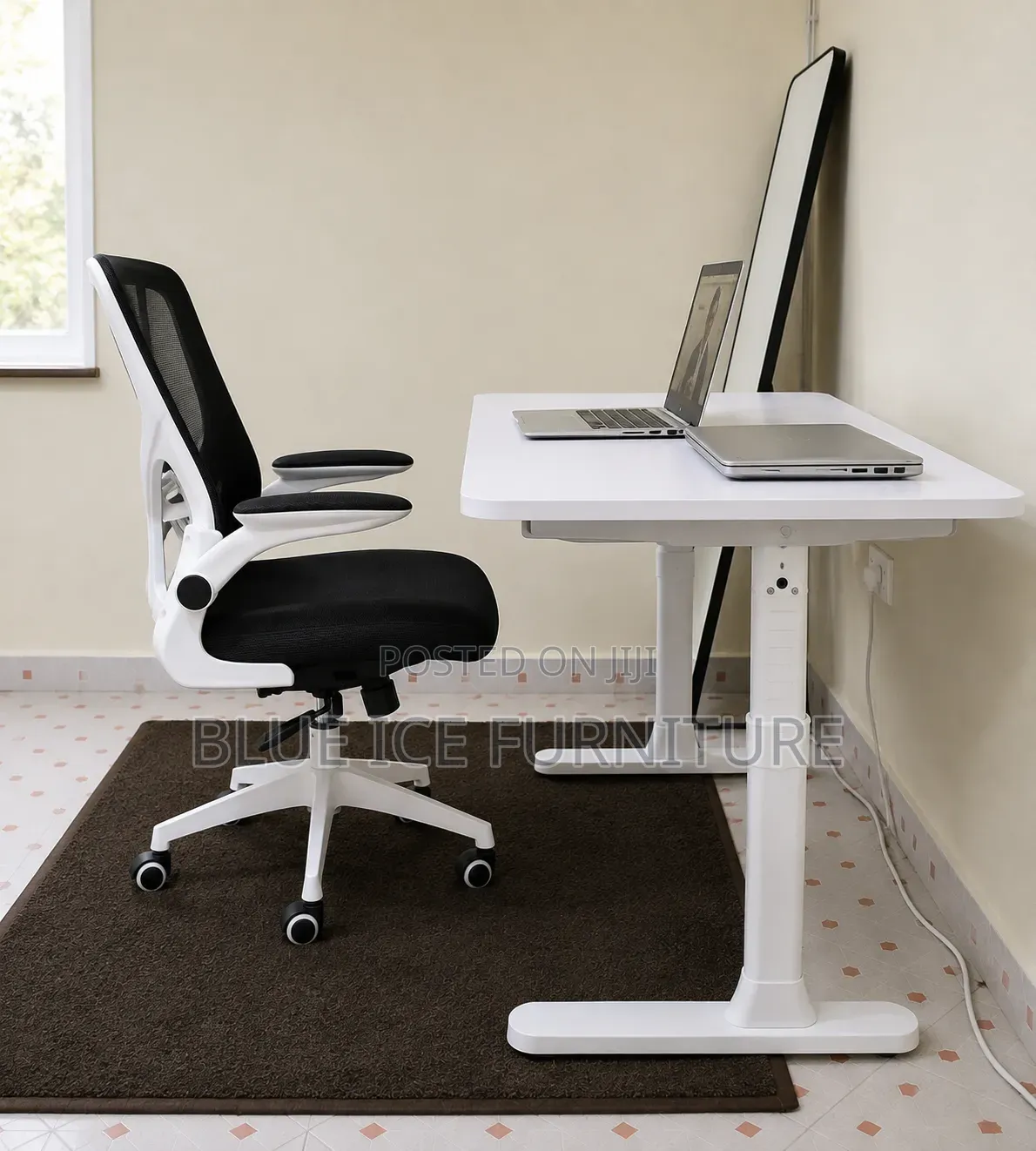 Adjustable White Office Workstation With Comfortable Executive Chair