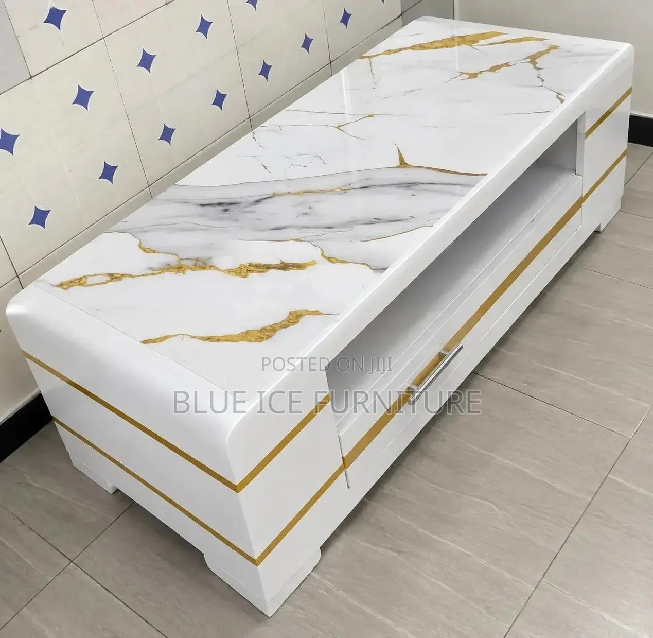 Coffee Table;Modern White Marble TV Stand With Gold Stripes –
