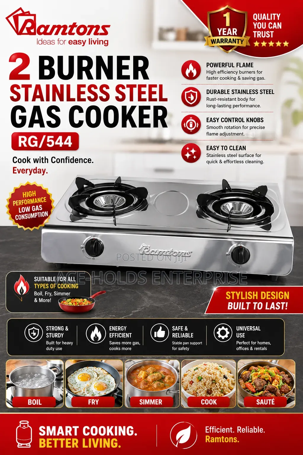 Ramtons RG/544 2-Burner Stainless Steel Gas Cooker, Compact Powerful