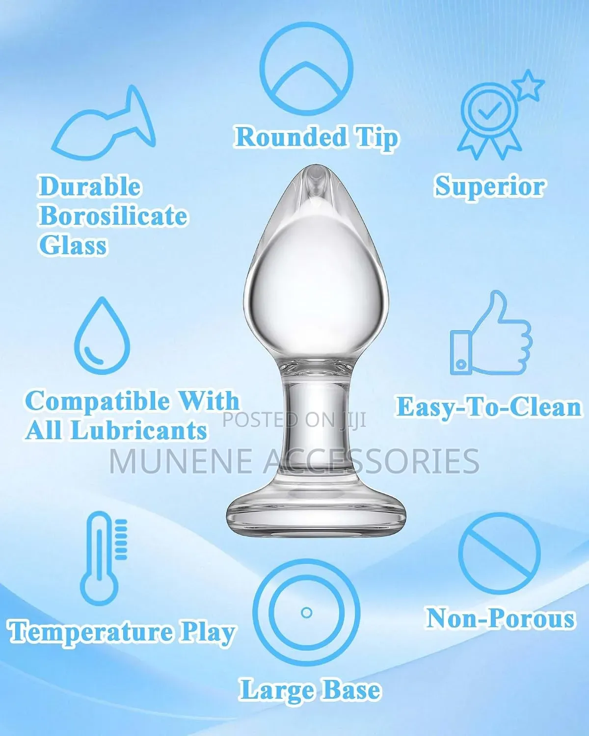 Glass Anal Butt Plug Tapered Head Long Neck 1.57 Inch Dia Butt Plug