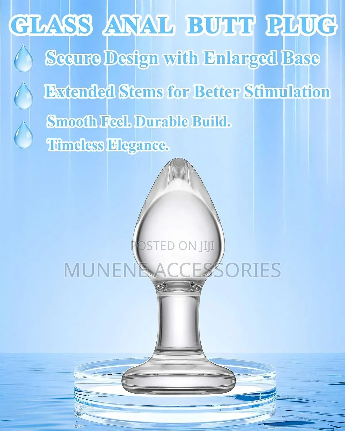 Glass Anal Butt Plug Tapered Head Long Neck 1.57 Inch Dia Butt Plug