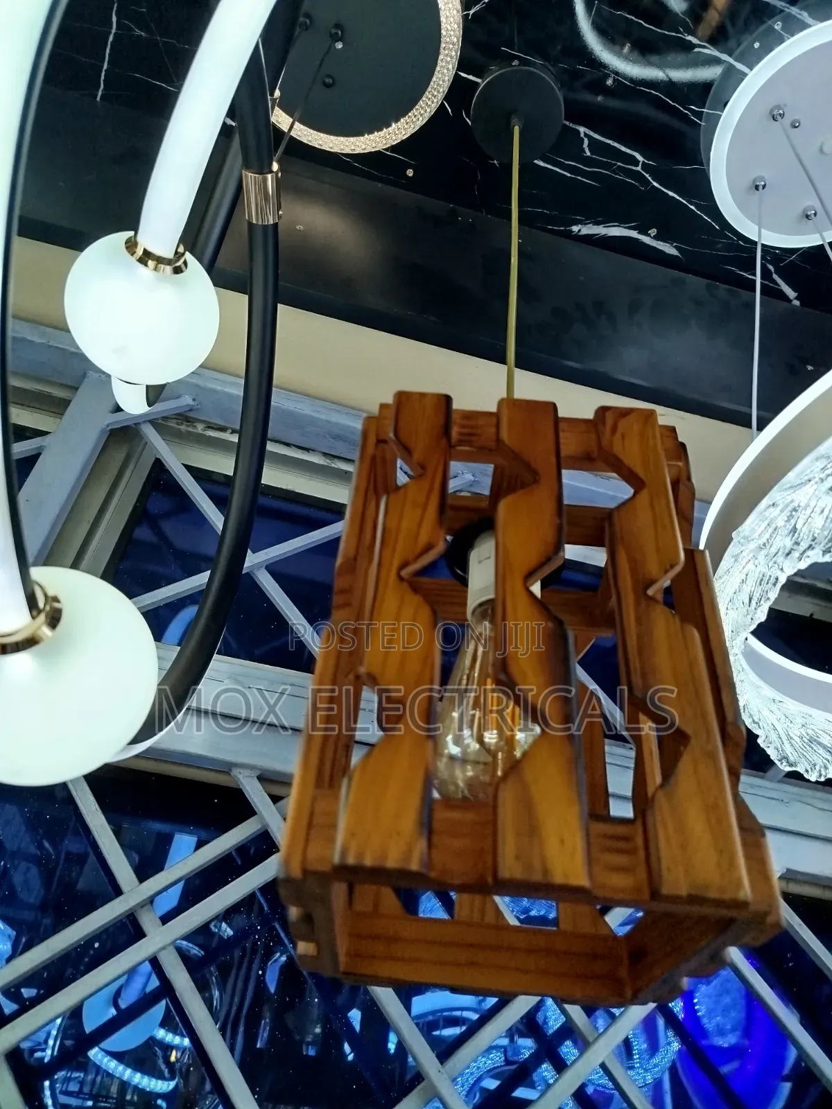 Rustic Geometric Wooden Cage Pendant Light.