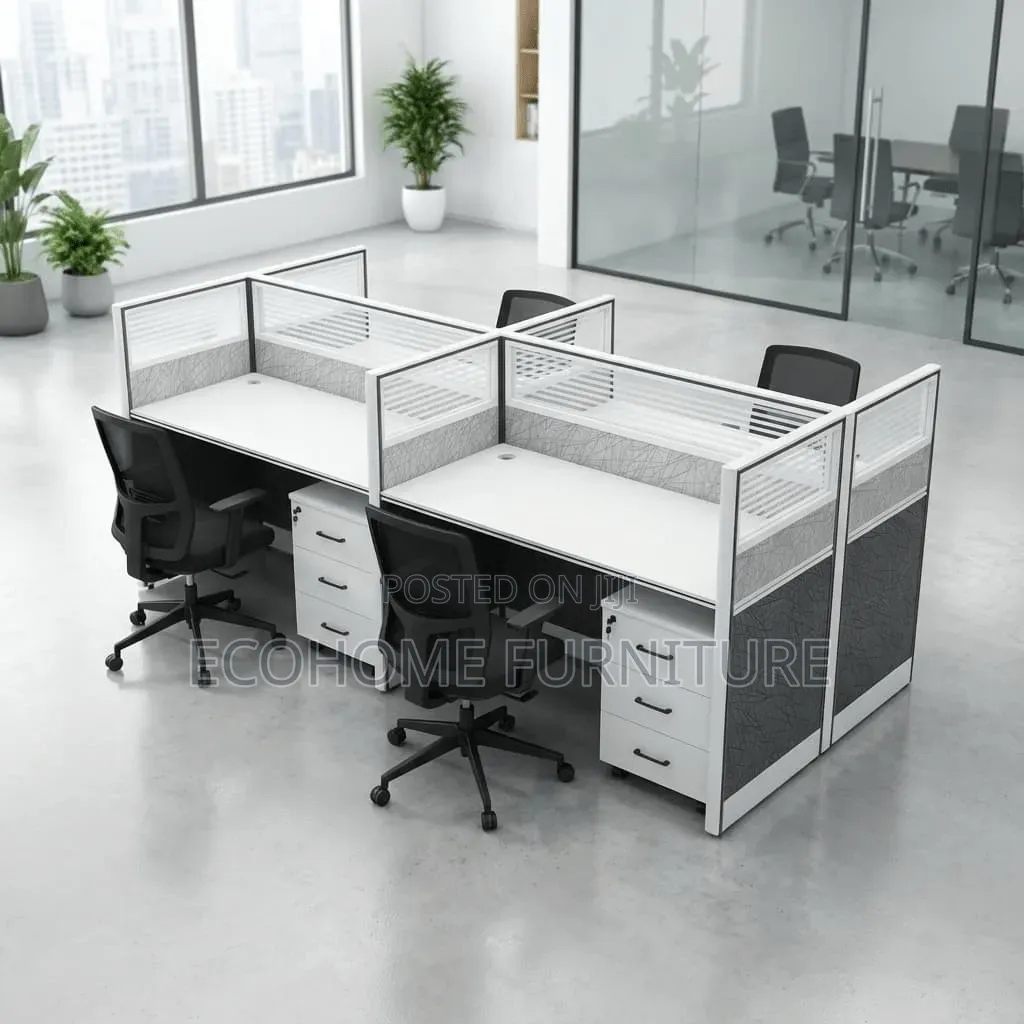 Office Desk; 4 Way Workstation With Mobile Pedestals