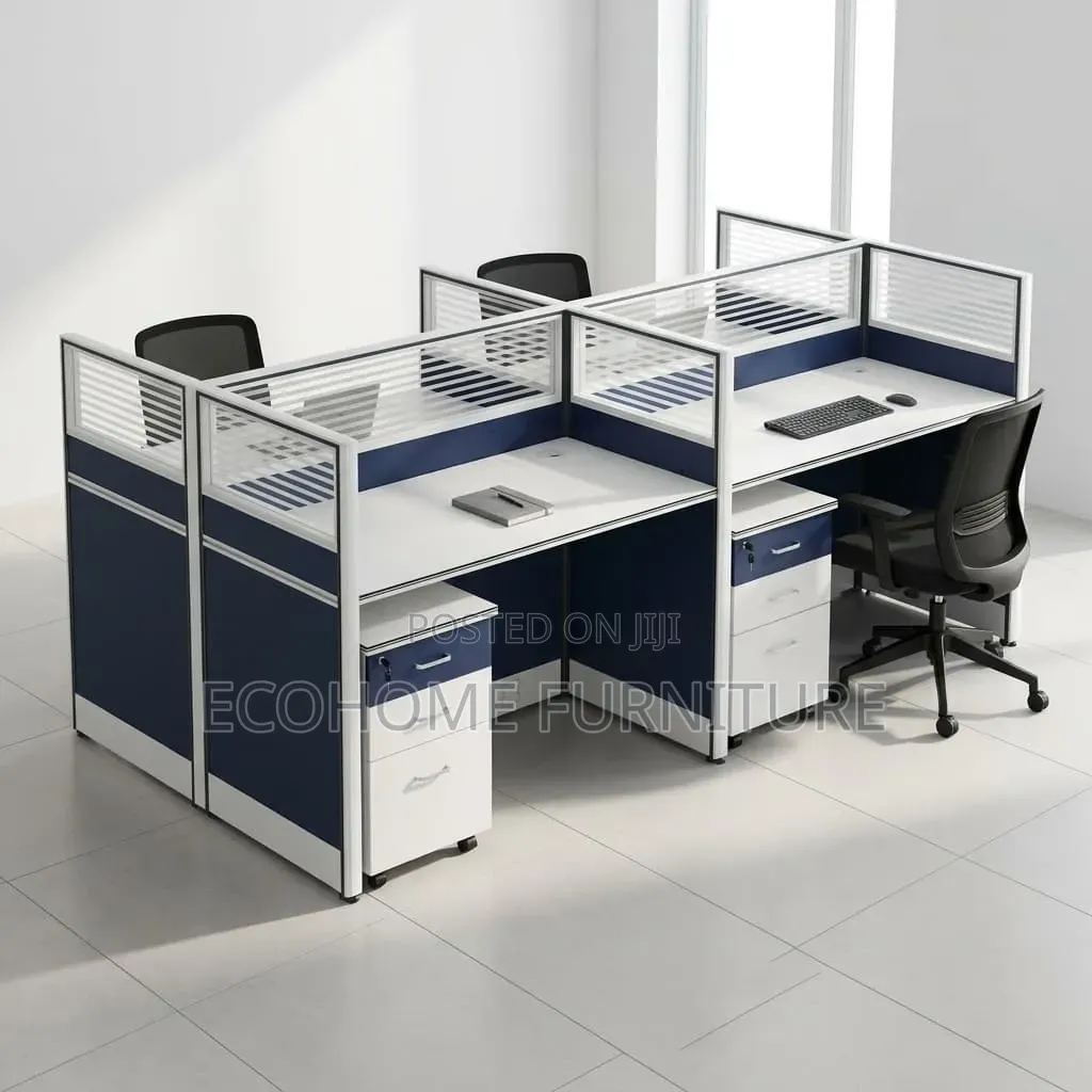 Office Desk; Blue Black 4 Way Workstation Desk