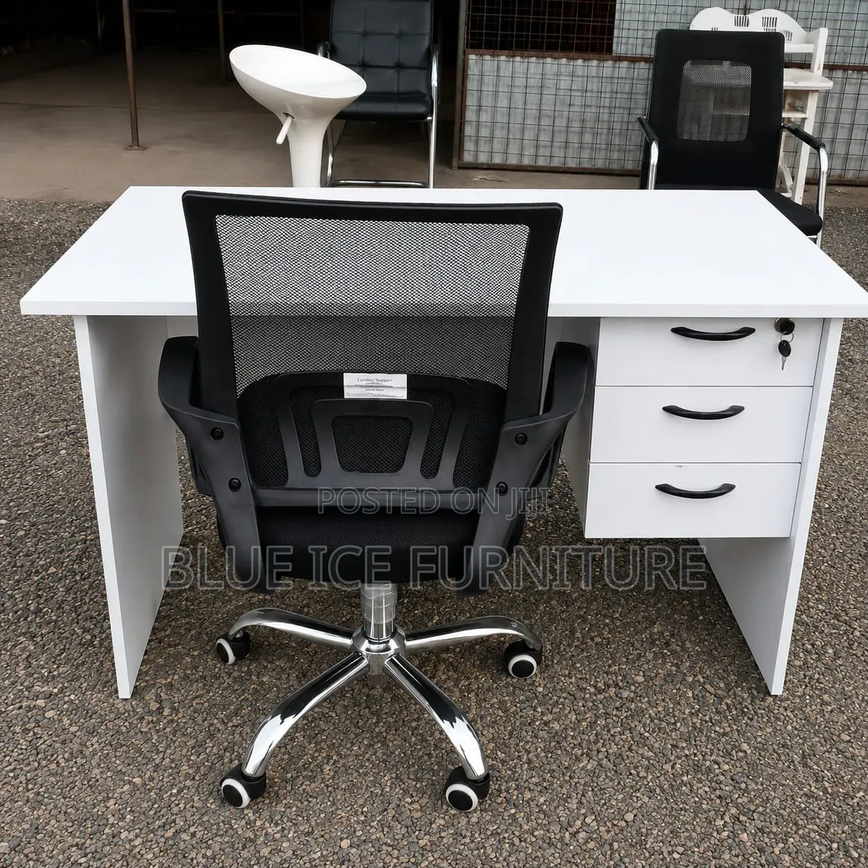 Executive White Desk With 3 Drawers and Ergonomic Chair