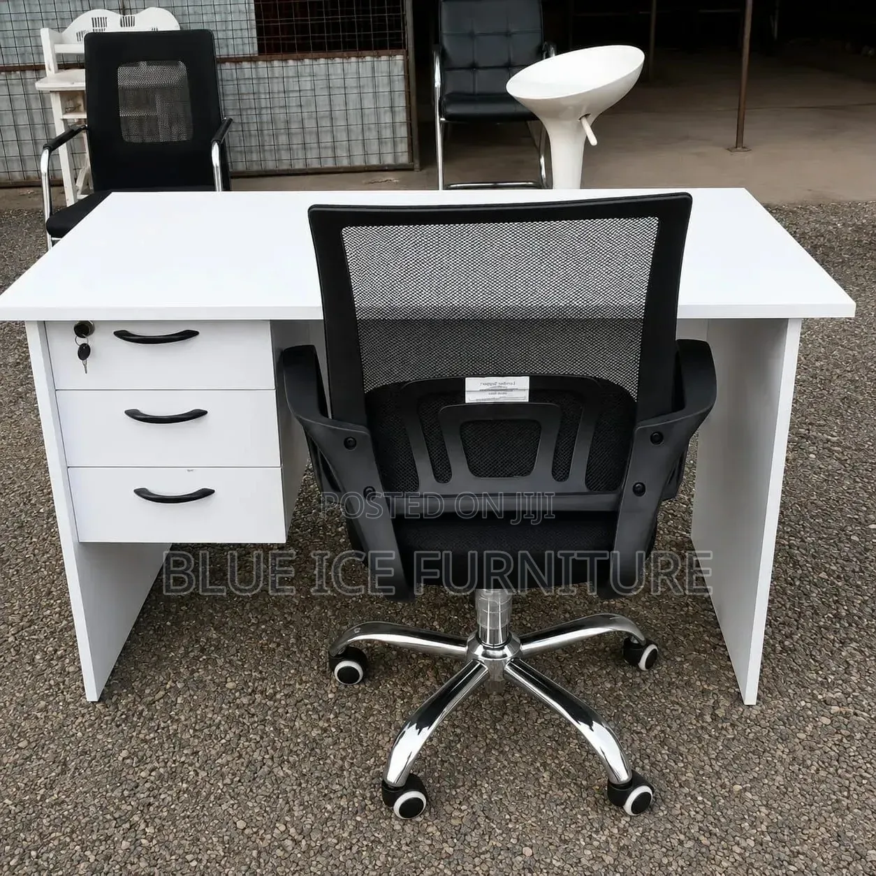 Executive White Desk With 3 Drawers and Ergonomic Chair