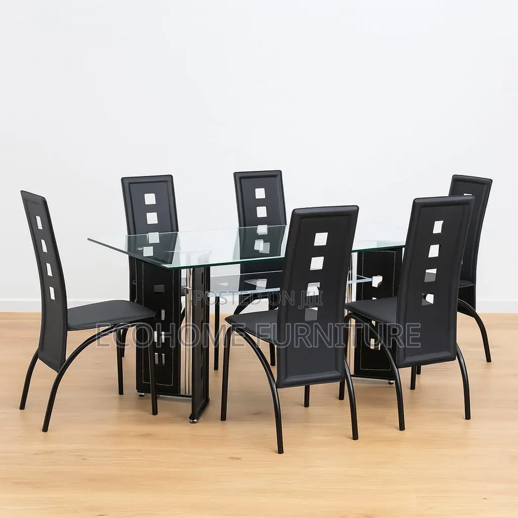 6-Seater Modern Glass Dining Table Set With Black Chairs