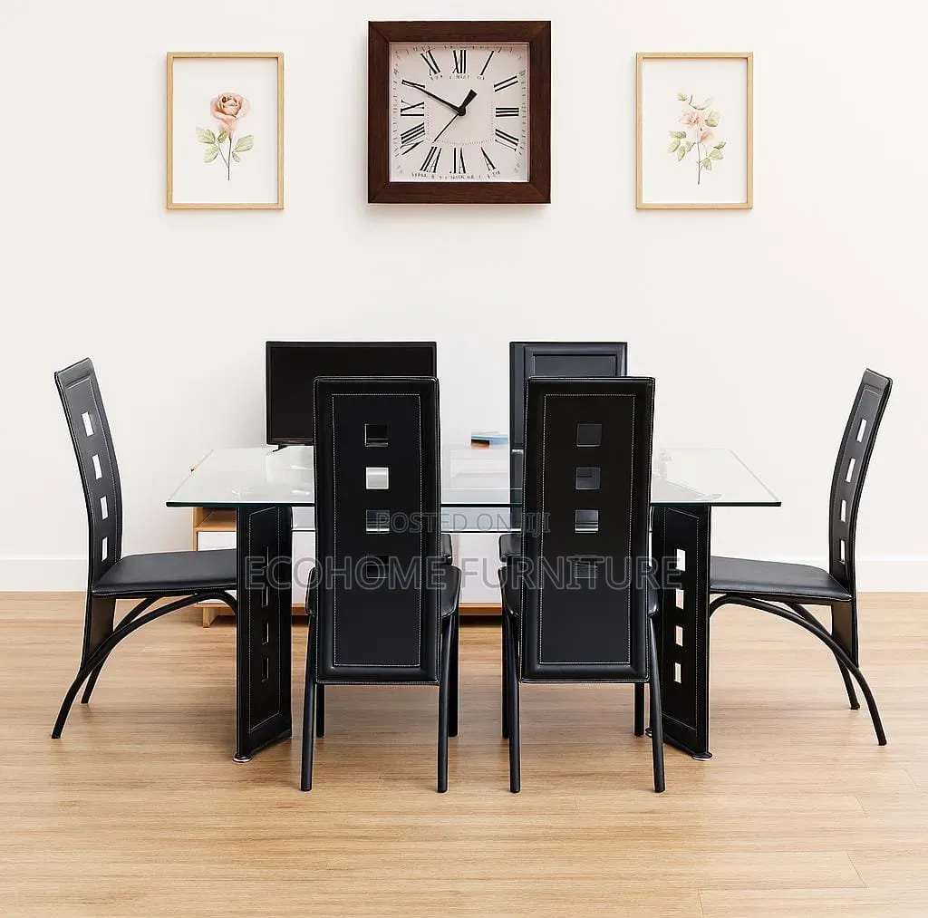 6-Seater Modern Glass Dining Table Set With Black Chairs