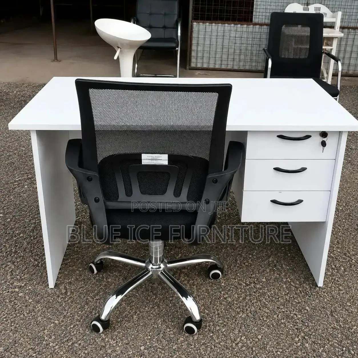 Executive White Desk With 3 Drawers and Ergonomic Chair